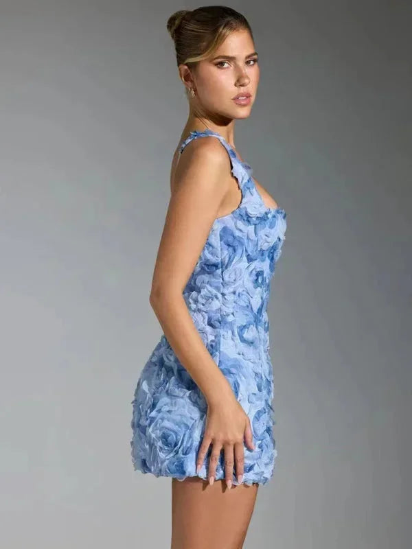 Stylish women's evening floral mini dress, textured, slim fit, for glamorous events and cocktail parties.