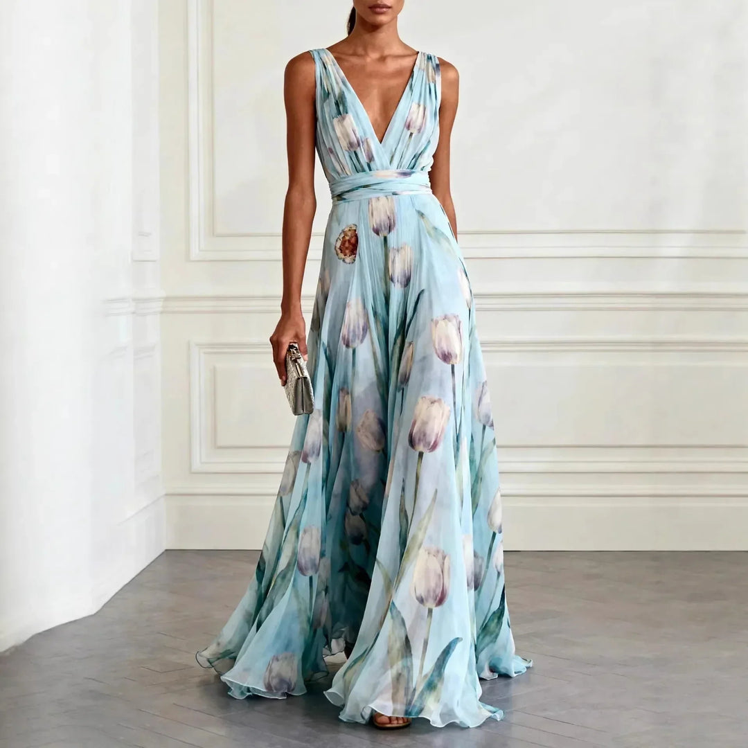 Women's elegant floral tulip print deep V-neck maxi dress, perfect for summer parties & special occasions.