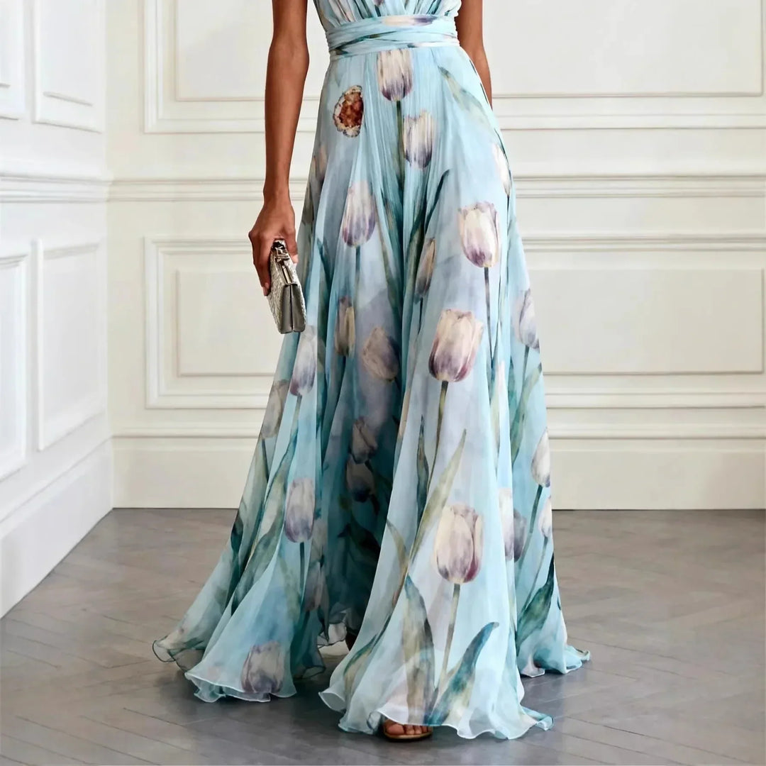 Chic women's floral tulip print maxi dress, ideal as a wedding guest or formal evening gown.