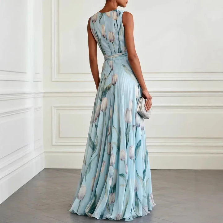 Flowy A-line floral tulip print maxi dress with deep V-neck, an elegant choice for women's evening wear.
