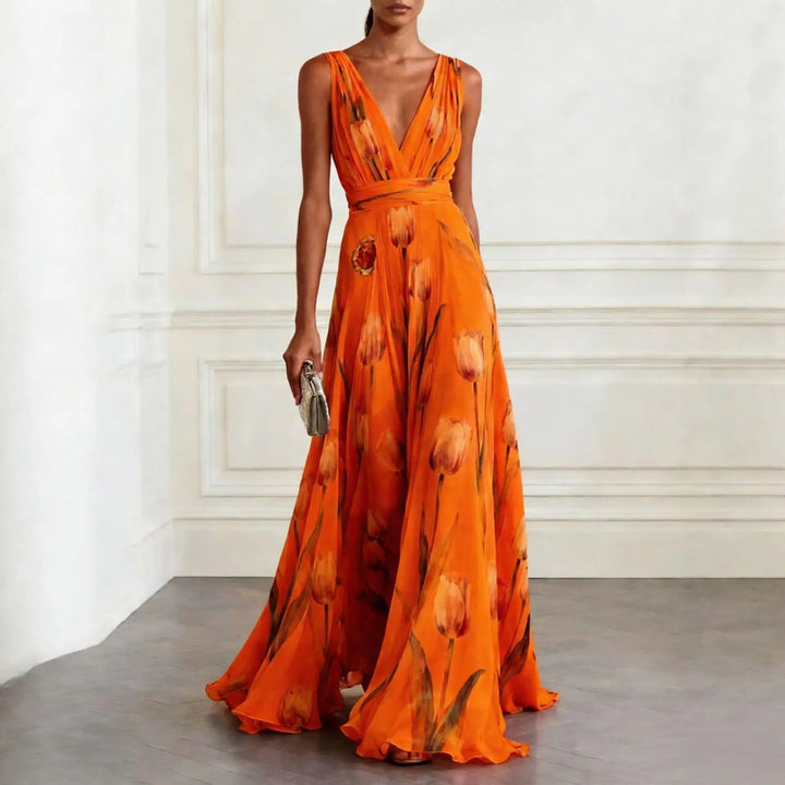 Lightweight summer floral tulip print maxi dress for women, featuring a flattering deep V-neck and elegant style.