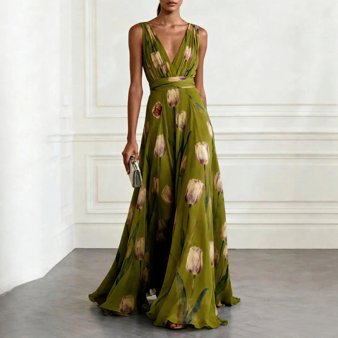 Full view of women's A-line floral tulip print maxi dress, showing its elegant drape and V-neck design.