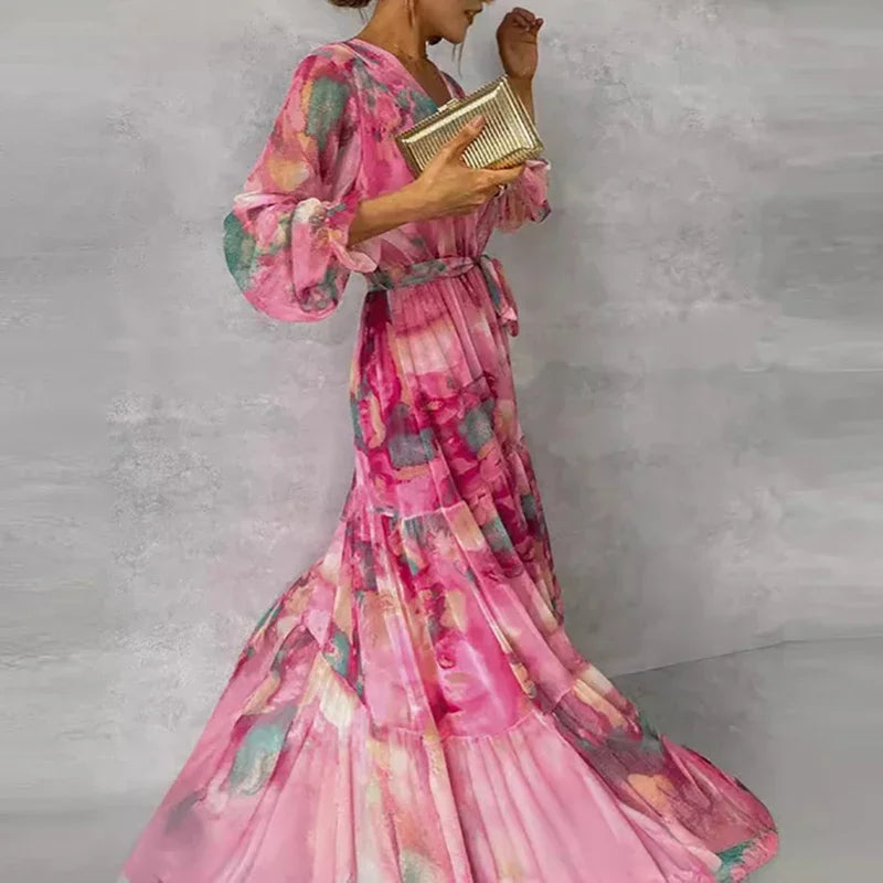 Graceful women's summer occasion dress. Floral V-neck wrap maxi style with long sleeves, ideal for wedding guests.