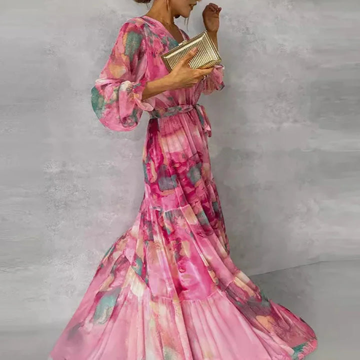 Graceful women's summer occasion dress. Floral V-neck wrap maxi style with long sleeves, ideal for wedding guests.