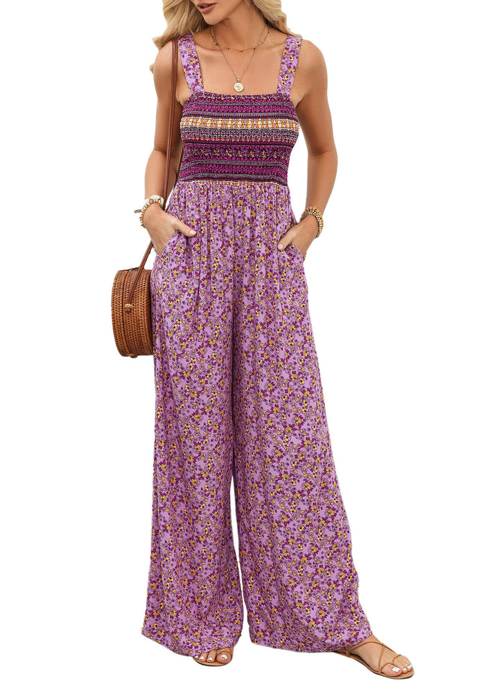 Women's spring floral jumpsuit with a v-neckline, embodying fashion and elegance.