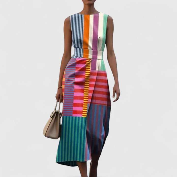 Women's elegant geometric patchwork striped midi dress with color block design, perfect for evening or party wear.