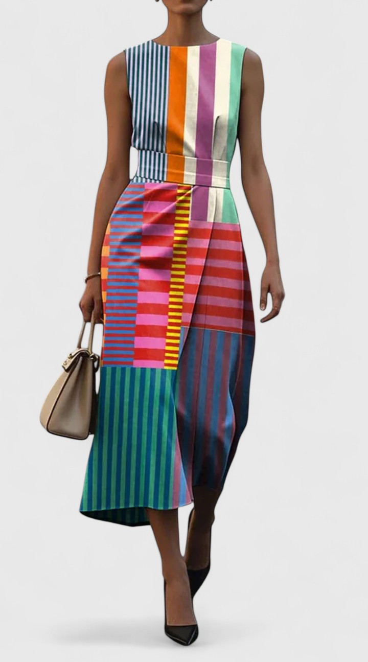 Sleeveless women's midi dress featuring a trendy geometric patchwork and striped pattern, ideal for casual fashion.