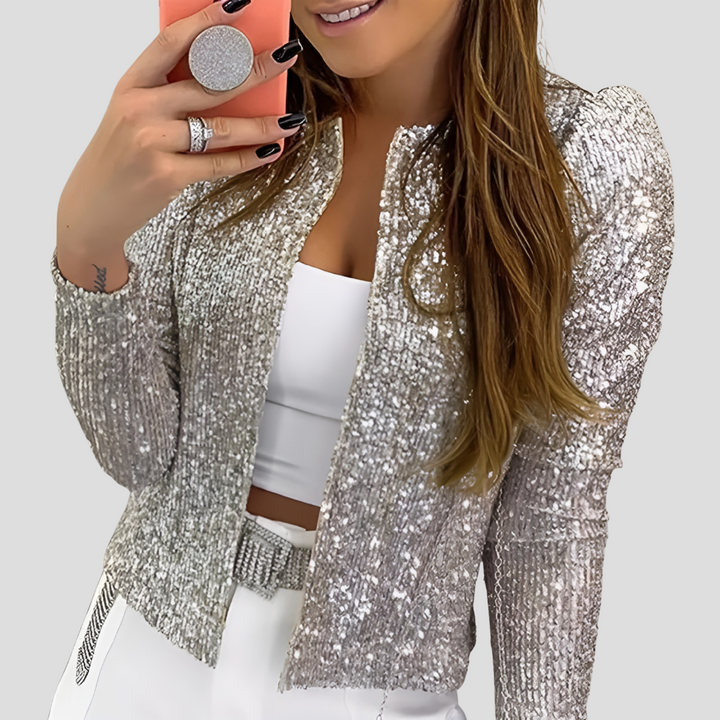 Sparkling open-front women's glitter long sleeve cardigan jacket, ideal for chic party and evening fashion.