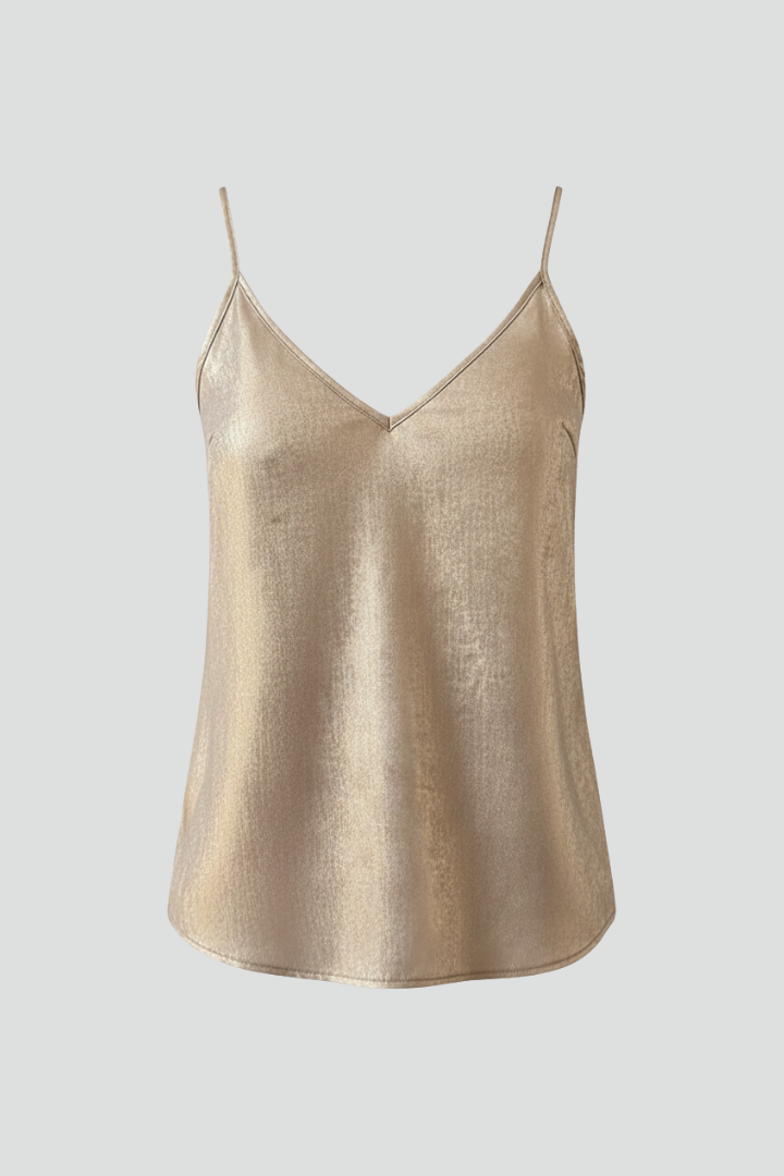 Women's elegant gold V-neck camisole top with thin straps, perfect for summer casual wear.