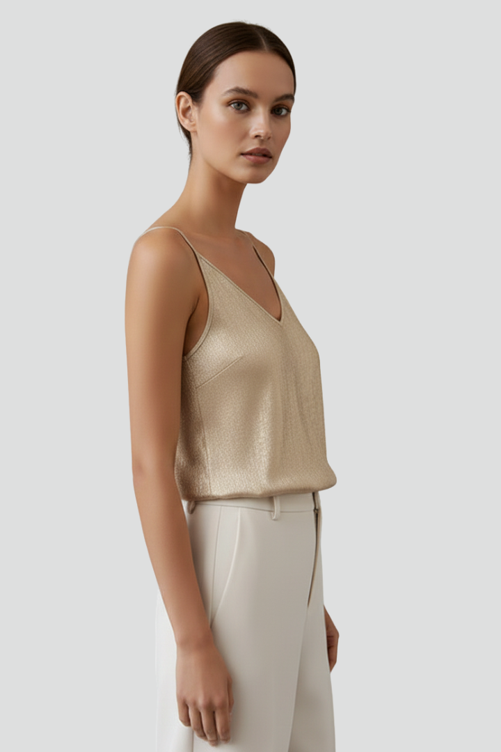 Everyday fashion women's gold camisole with V-neckline and thin straps, elegant and comfortable.