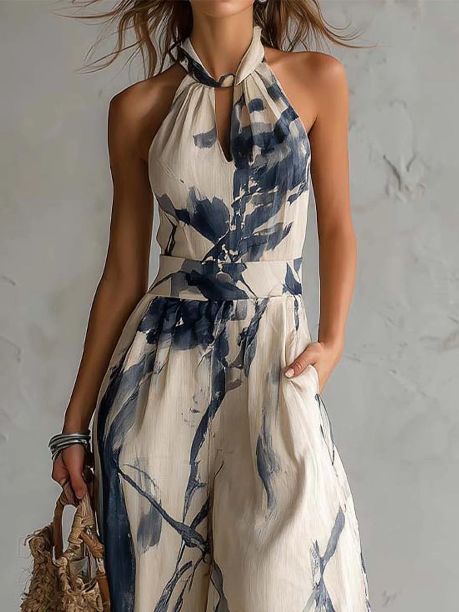 Stylish women's wide leg halter neck jumpsuit with pockets, a perfect blend of elegance and casual for spring/summer.