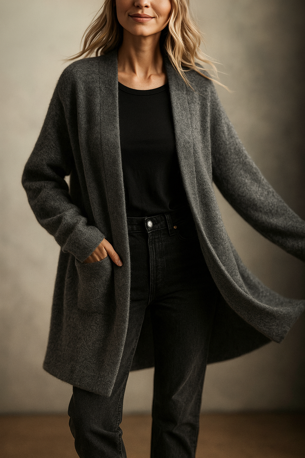 Detail of the knit pattern on a women's merino blend cardigan, highlighting its quality