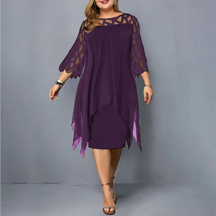 Women's elegant lace midi dress, round neckline, perfect for sophisticated evening wear and special occasions.