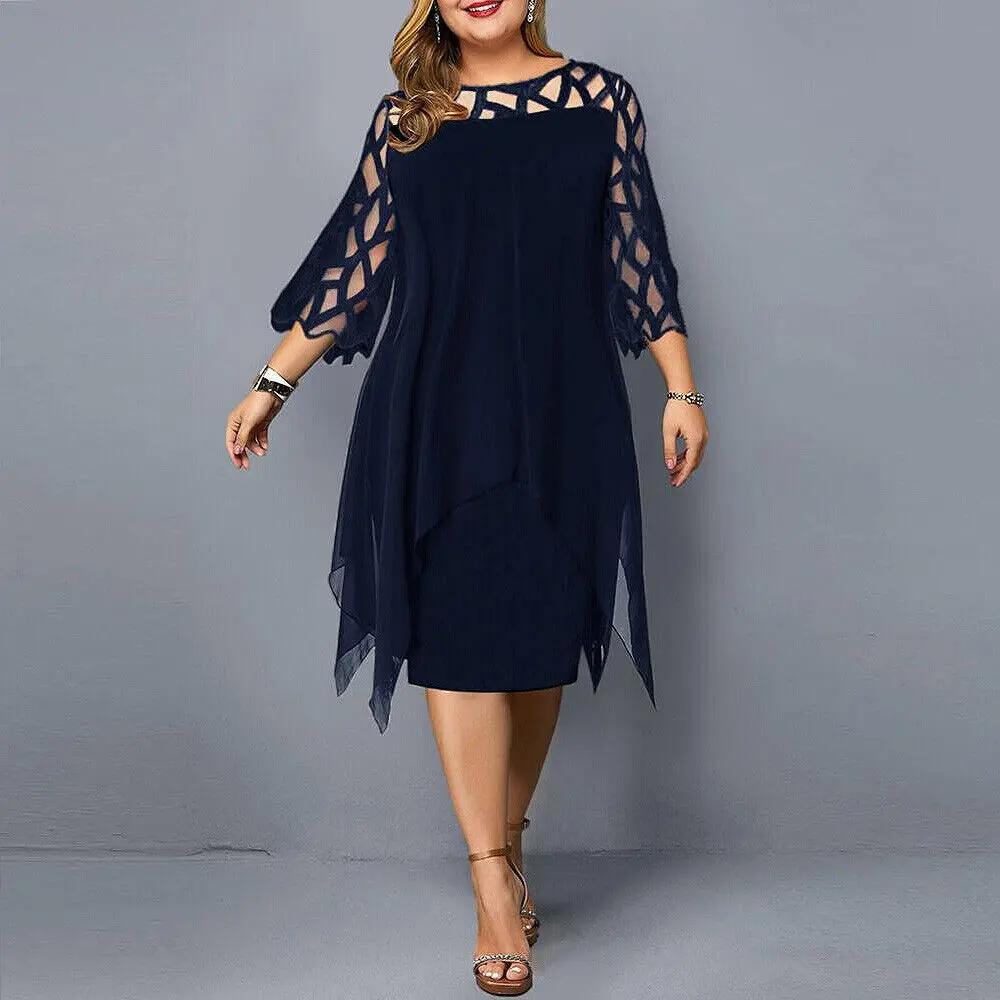 Stylish women's midi dress with delicate lace sleeves & round neck, ideal for cocktail parties or events.