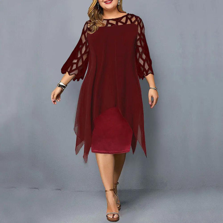 Flattering women's elegant midi dress with a round neck & lace detail. Versatile for special occasions.