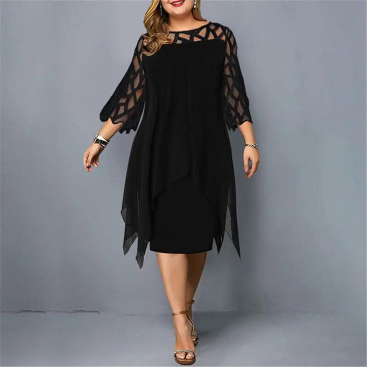 Elegant women's lace midi dress, round neckline, sophisticated lace sleeves, comfortable flattering fit.