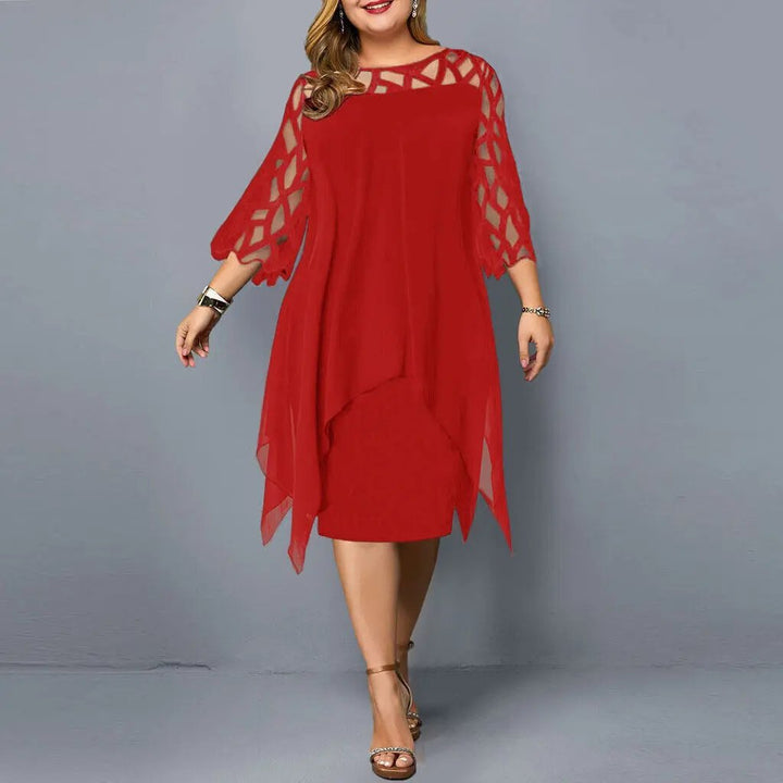 Women's elegant midi dress featuring a round neckline and intricate lace sleeves for a chic & stylish look.