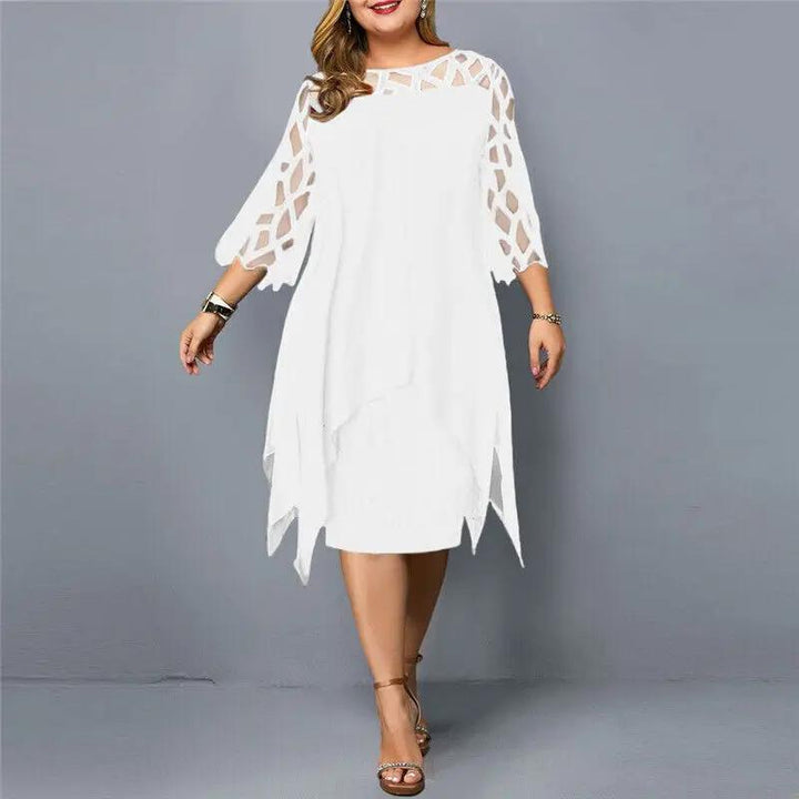 Versatile women's midi dress with elegant lace and round neck, suitable for casual chic or formal events.