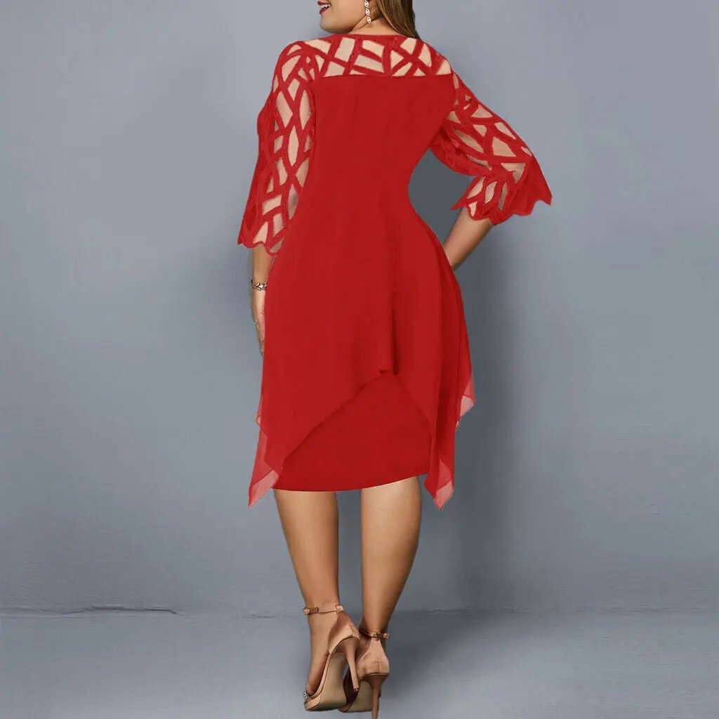 Women's Elegant Lace Midi Dress, round neckline, sophisticated design, ideal for evening & cocktail wear.