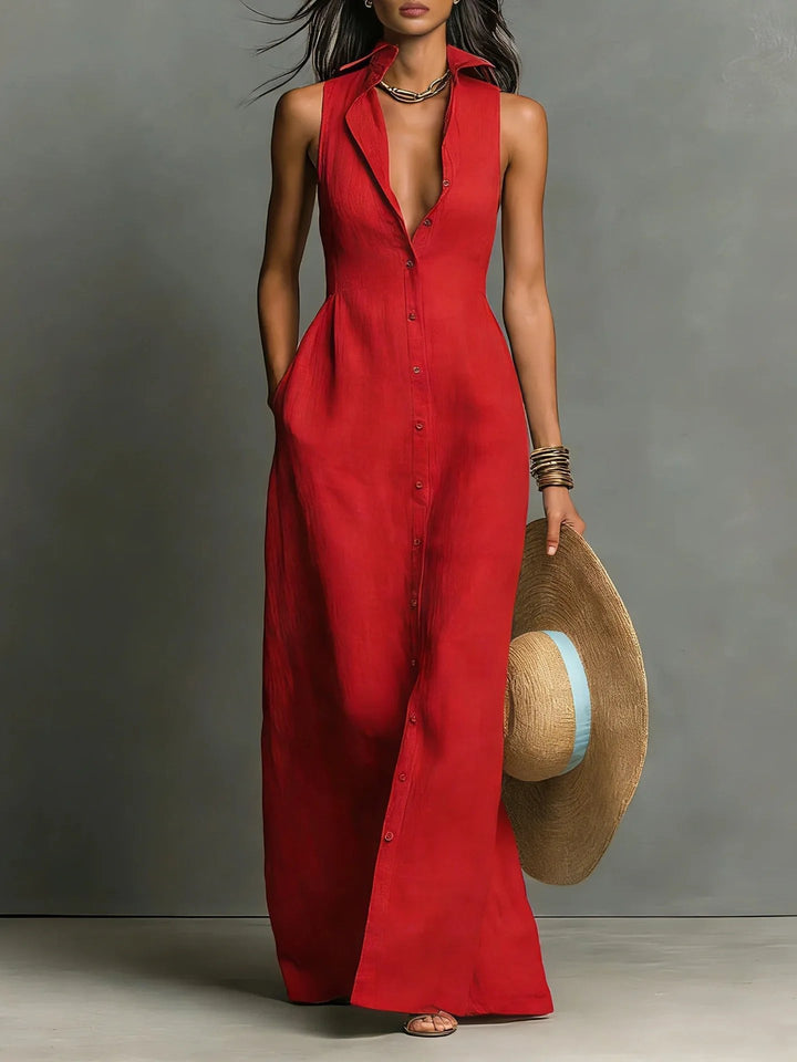 Women's elegant lapel shirt maxi dress, sleeveless with full button front, perfect for sophisticated summer fashion.