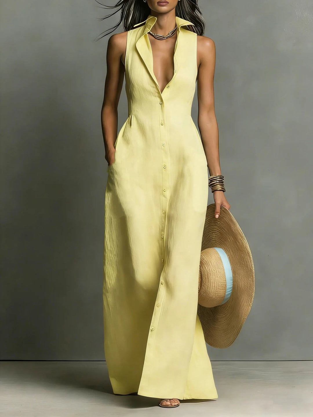 Woman wearing a versatile sleeveless lapel maxi shirt dress in a casual daytime setting, ideal for summer fashion.