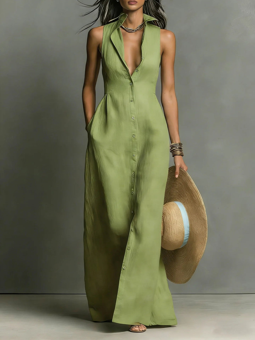 Side view of a flattering silhouette of a women's elegant lapel sleeveless button-front maxi shirt dress.