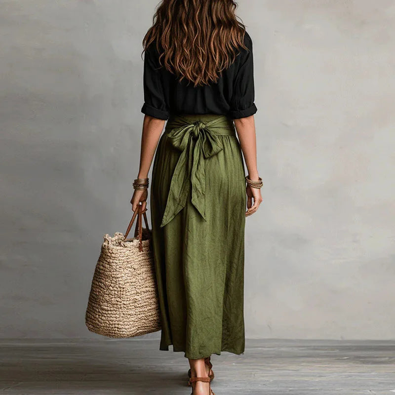 Women's premium linen co-ord set; relaxed-fit blouse & flowing skirt for effortless summer casual style.