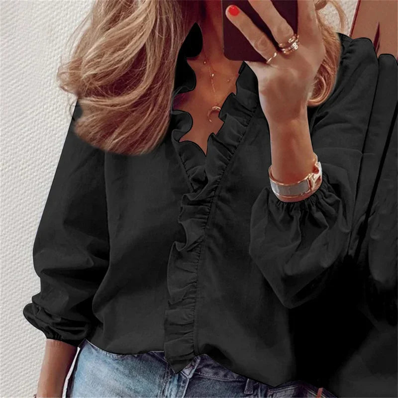 Elegant long sleeve V-neck blouse for women, features delicate ruffles for comfort and chic look.