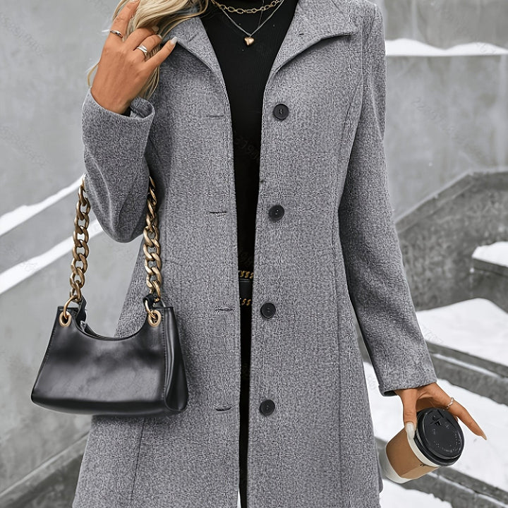 Casual chic women's longline coat, elegant notch collar style for sophisticated cold weather fashion.