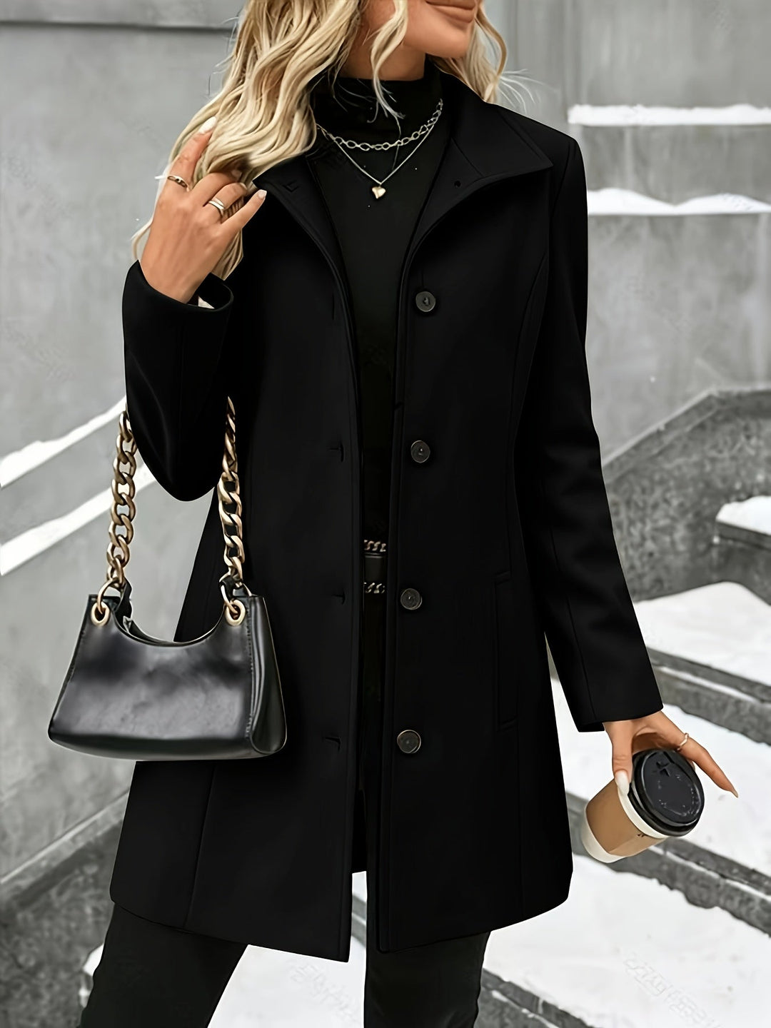 Tailored women's single-breasted longline coat with a stylish notch collar. Ideal for office wear.