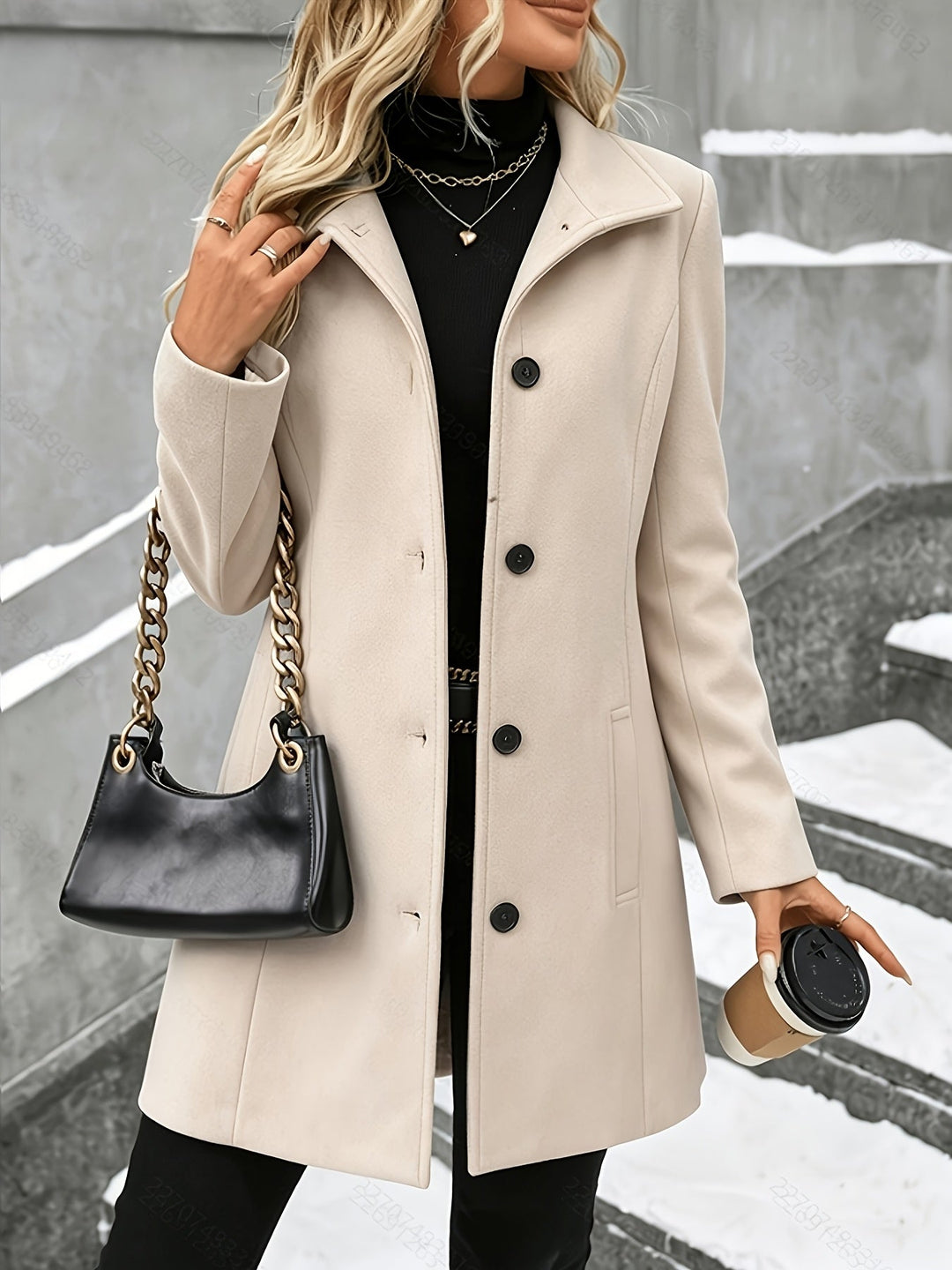 Chic women's winter longline coat for cold weather, featuring an elegant notch collar design.