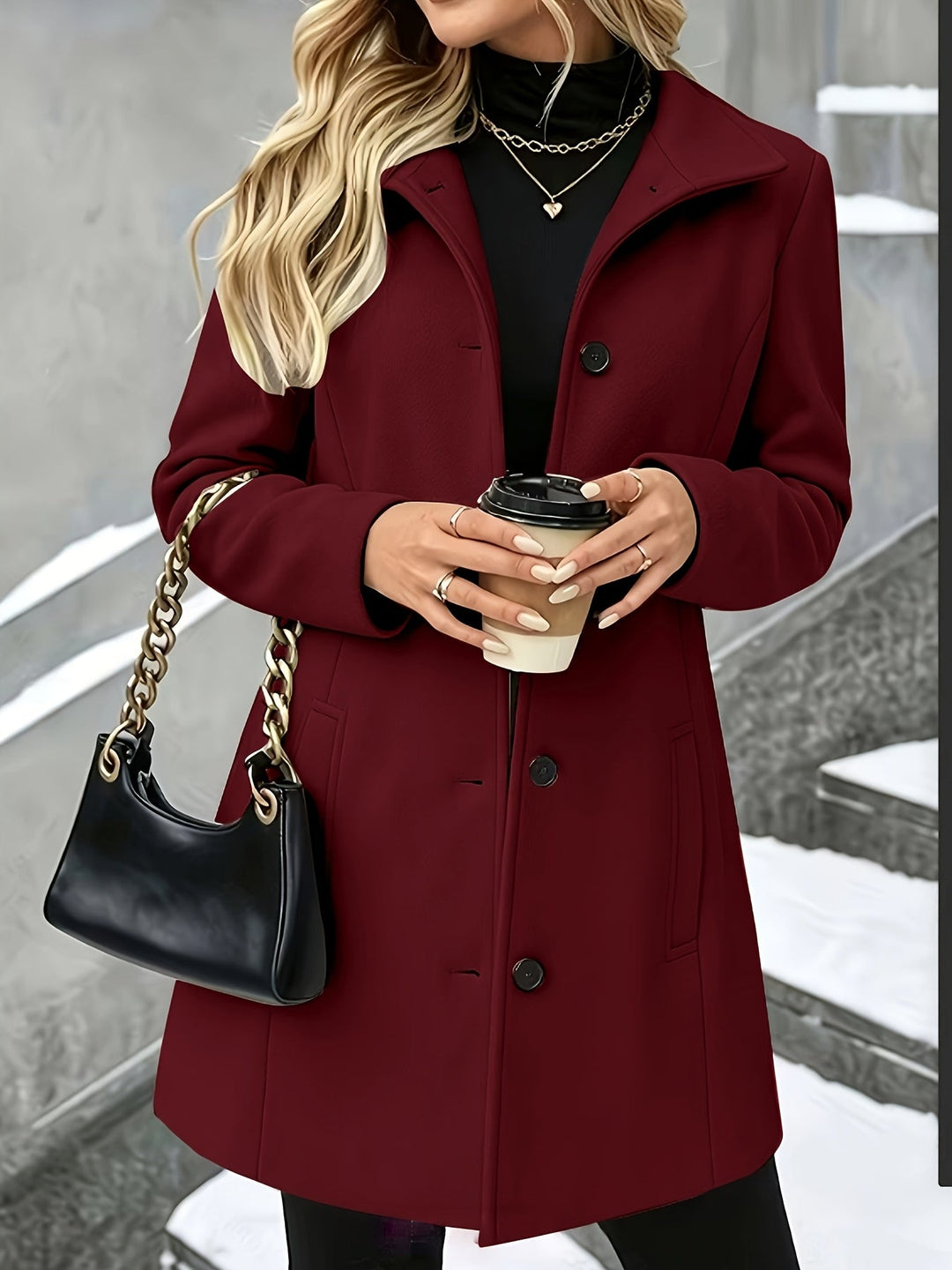 Chic ladies longline winter coat, single-breasted with a tailored notch collar for cold weather.