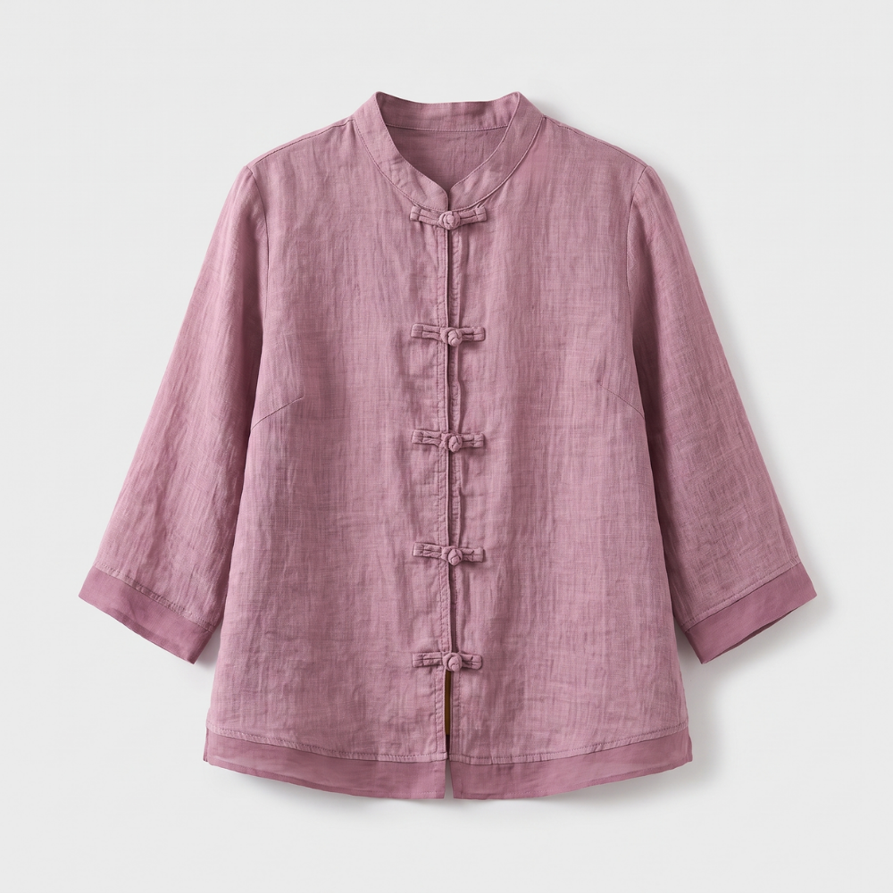 Fashionable women's three-quarter sleeve blouse with mandarin collar & unique frog button design.