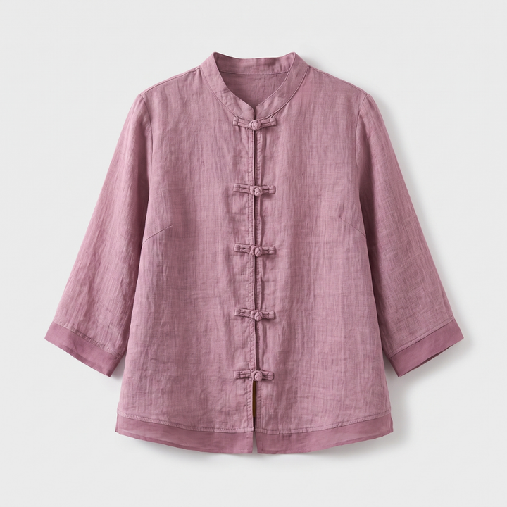 Fashionable women's three-quarter sleeve blouse with mandarin collar & unique frog button design.