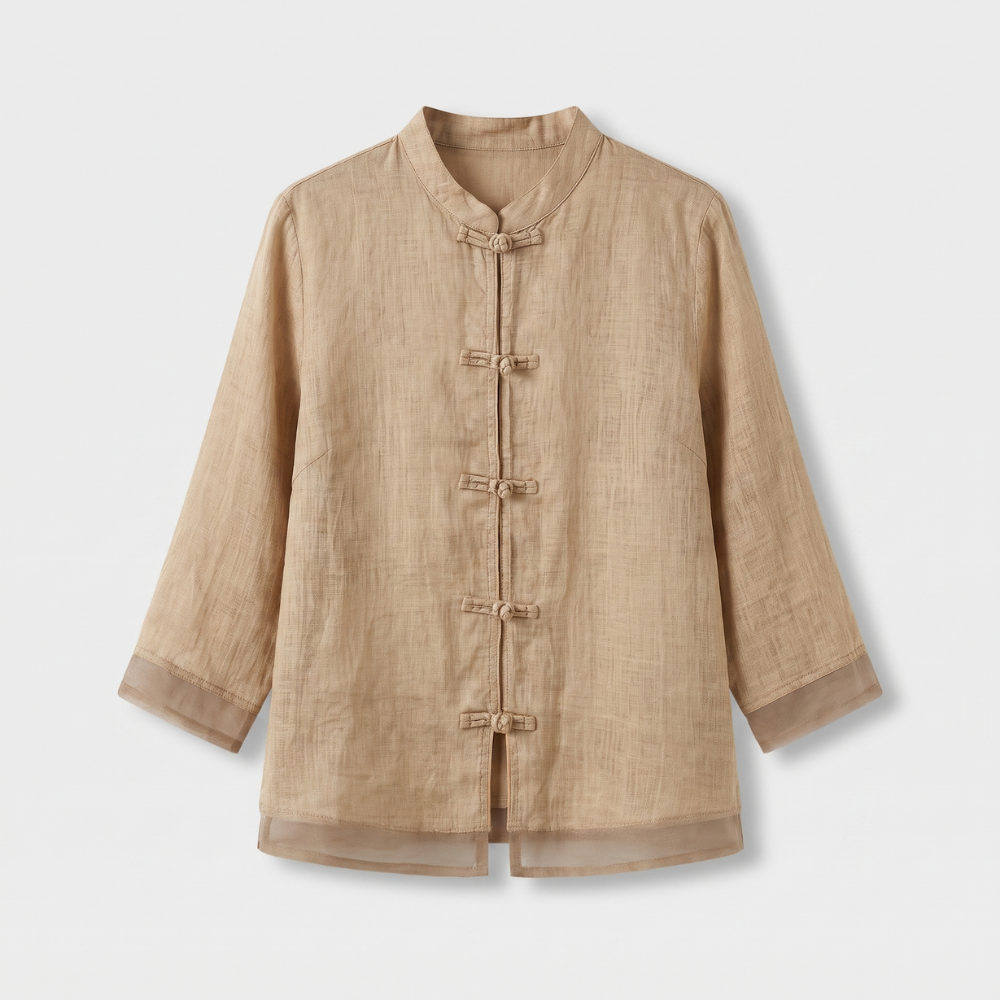 Elegant women's blouse with a stand-up mandarin collar and traditional frog button fastening. Work-ready.