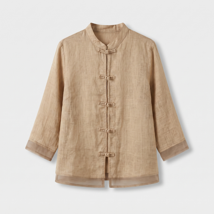 Elegant women's blouse with a stand-up mandarin collar and traditional frog button fastening. Work-ready.