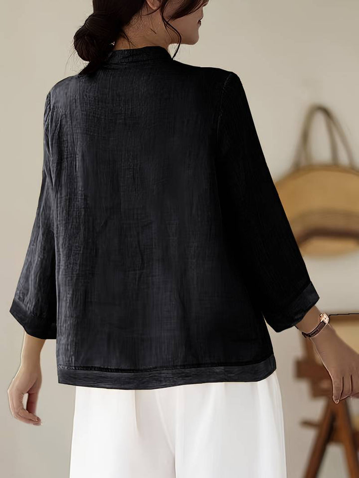 Versatile women's mandarin collar blouse with frog buttons. Blends elegance and comfort for daily wear.