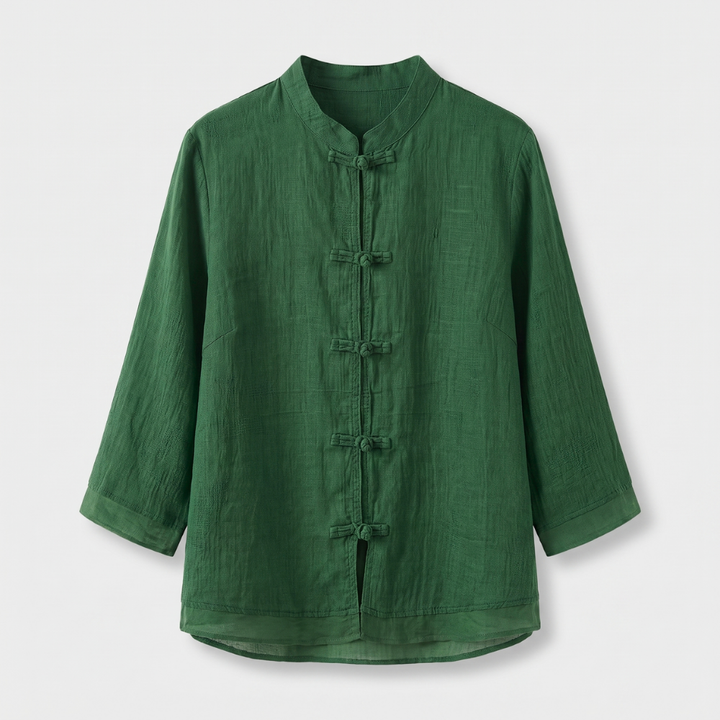 Tailored women's blouse featuring a mandarin collar & frog buttons, three-quarter sleeves. Versatile style.