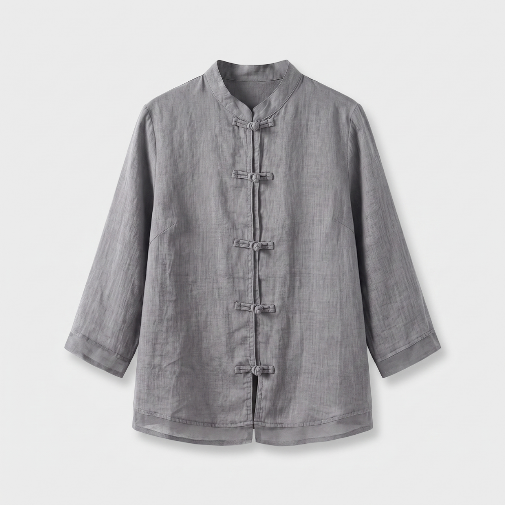 Sophisticated women's blouse, mandarin collar, frog buttons, 3/4 sleeves. Ideal for office or everyday.