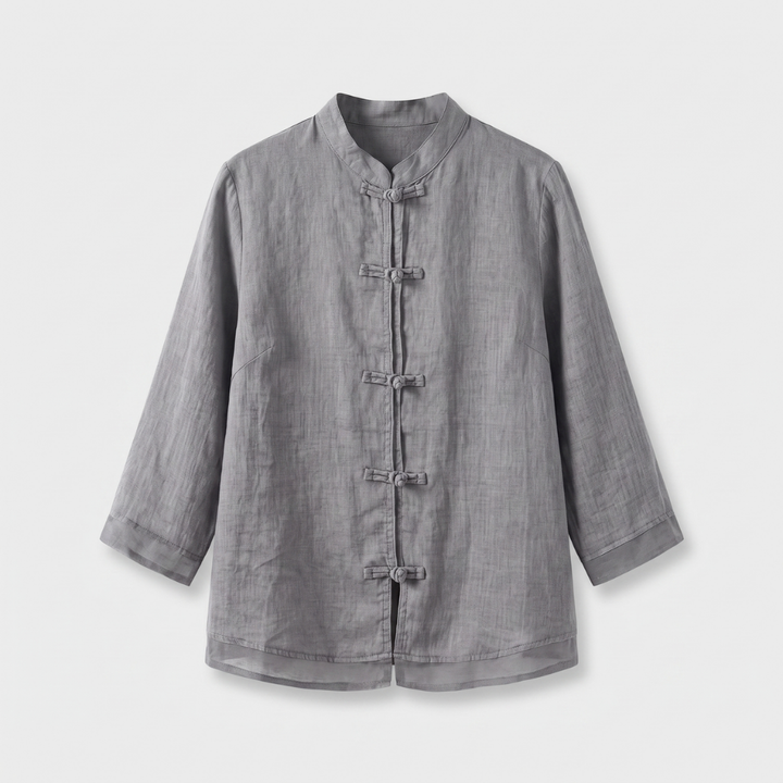Sophisticated women's blouse, mandarin collar, frog buttons, 3/4 sleeves. Ideal for office or everyday.