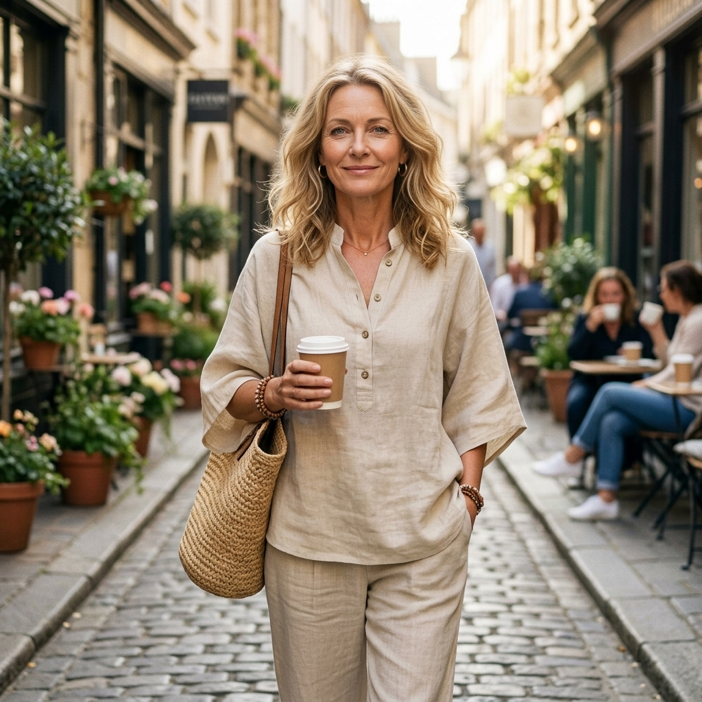 Complete women's two-piece summer outfit: mandarin collar top & comfortable wide-leg pants.