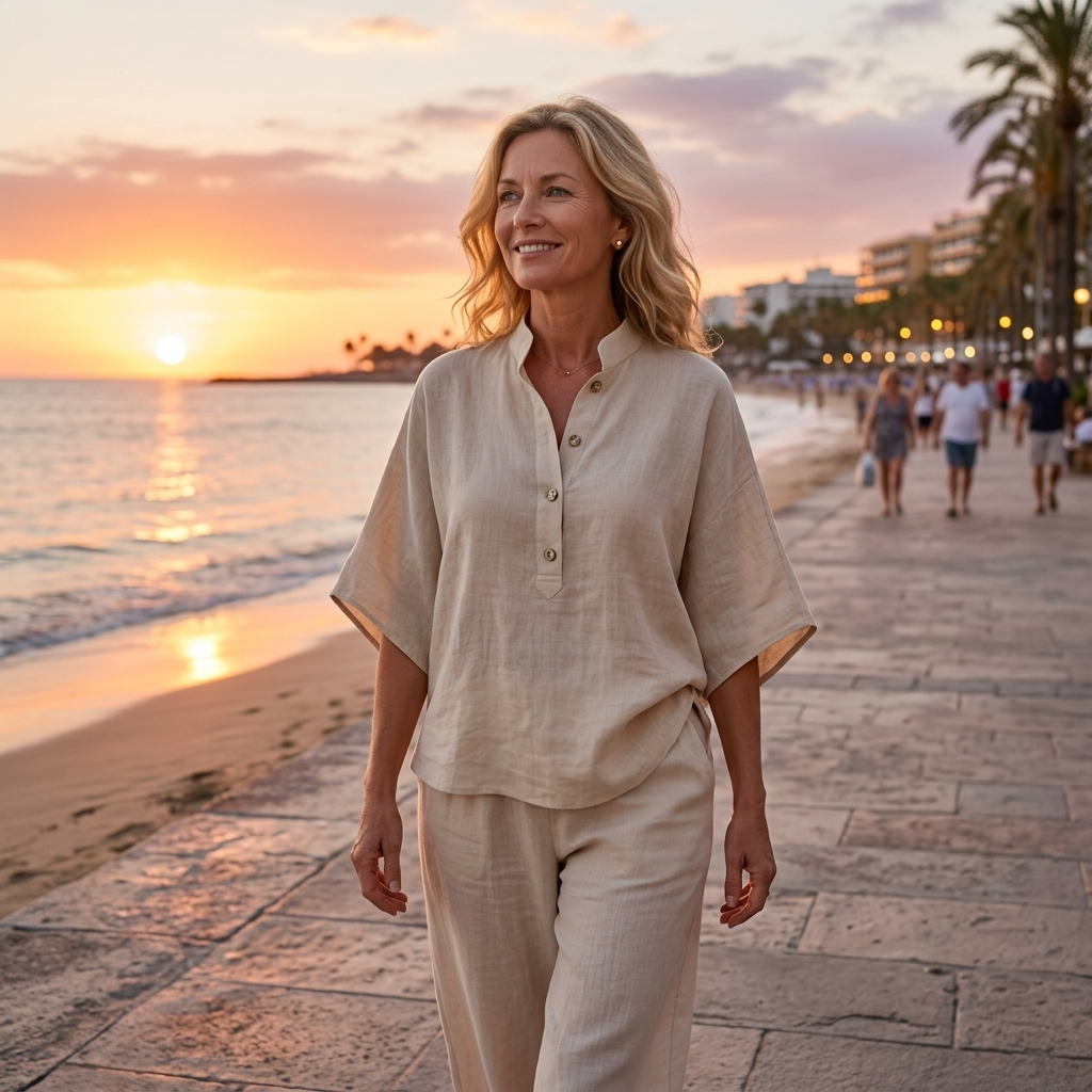 Breathable, elegant women's mandarin collar and wide-leg two-piece set for sophisticated summer style.
