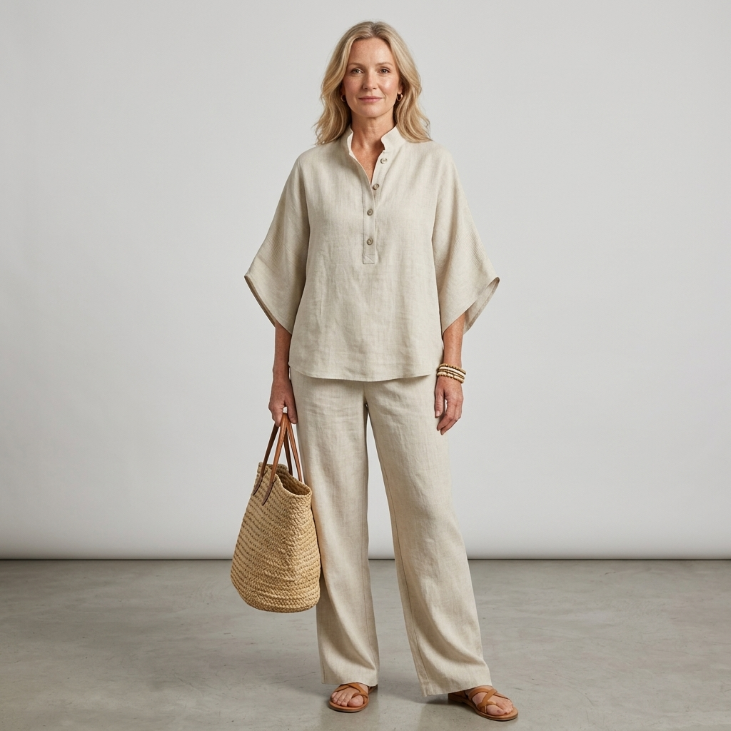 Women's casual elegant mandarin collar wide-leg two-piece set, ideal for comfortable summer wear.