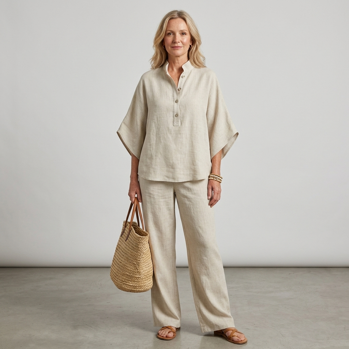 Women's casual elegant mandarin collar wide-leg two-piece set, ideal for comfortable summer wear.