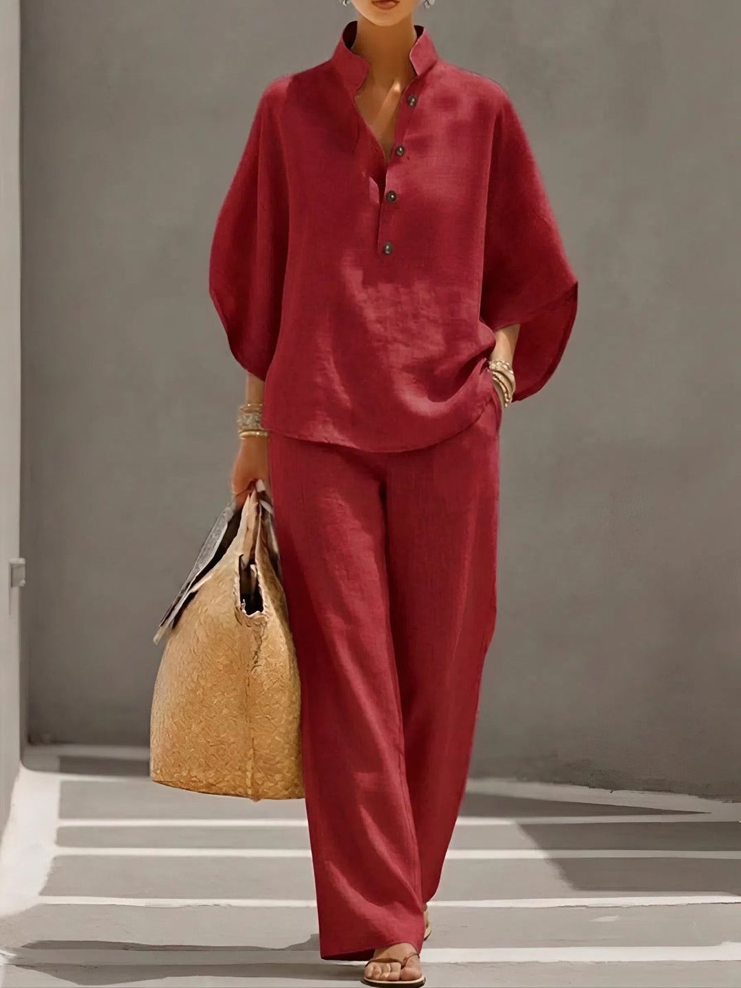 Flowing wide-leg pants from a women's elegant two-piece set, designed for comfortable summer wear.