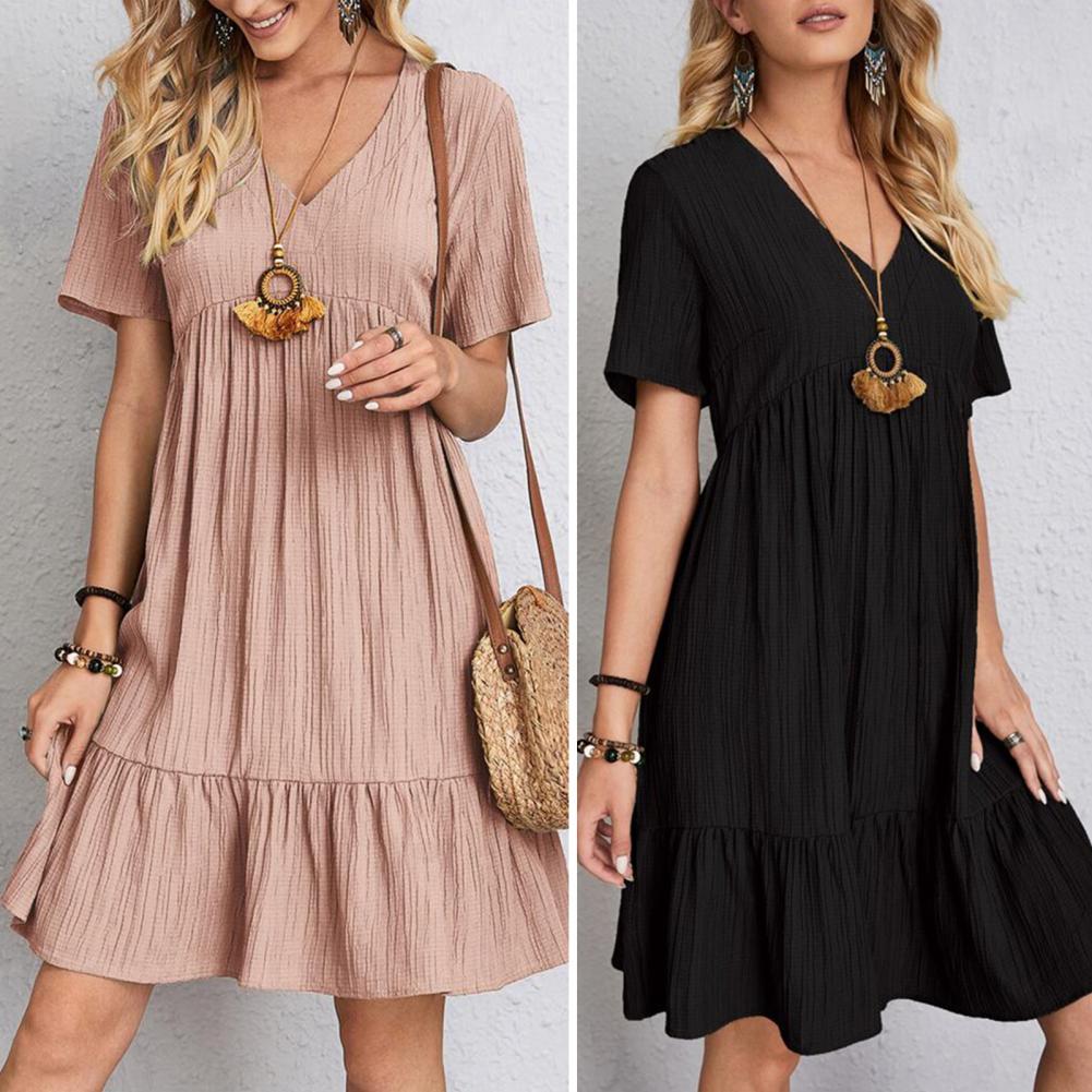 Flattering women's midi dress with belly coverage, elegant short sleeve design, perfect for chic versatile style.