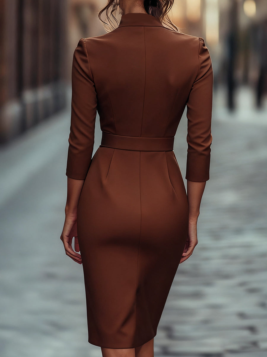 Timeless women's elegant midi sheath dress, featuring a distinctive mandarin collar and a slim belt.