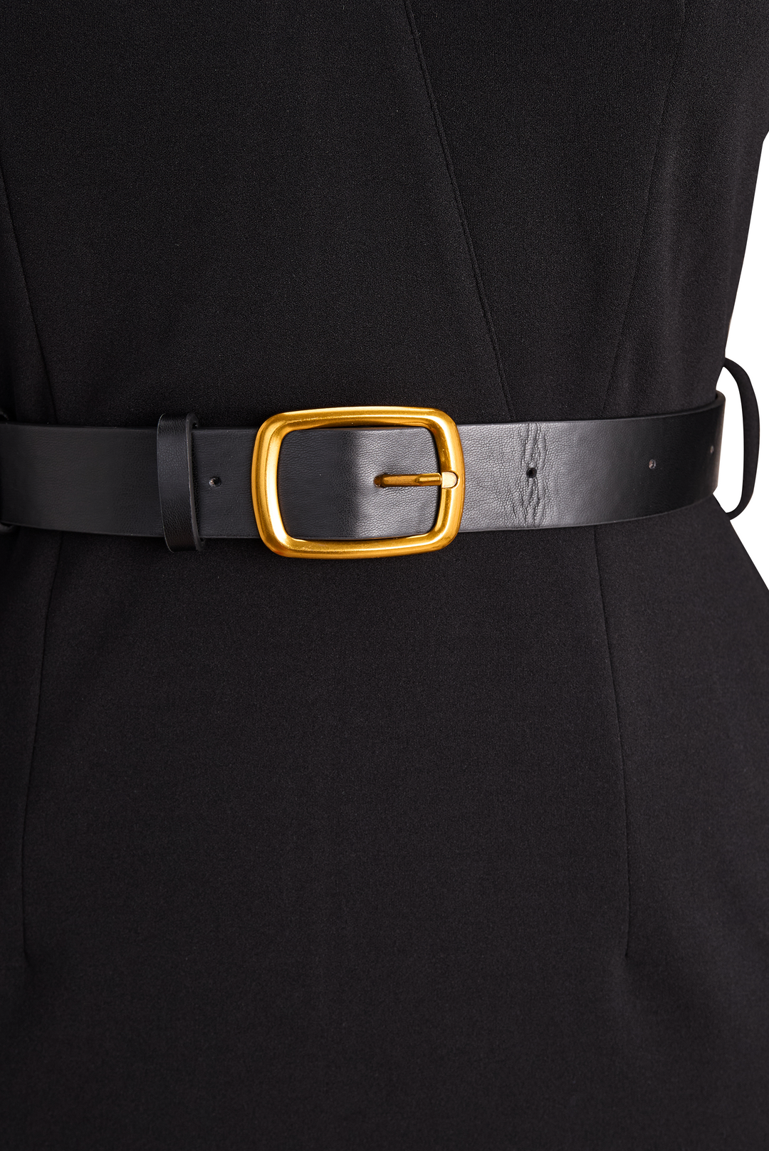 Feminine women's elegant midi sheath dress, belted, with a sophisticated mandarin collar detail.