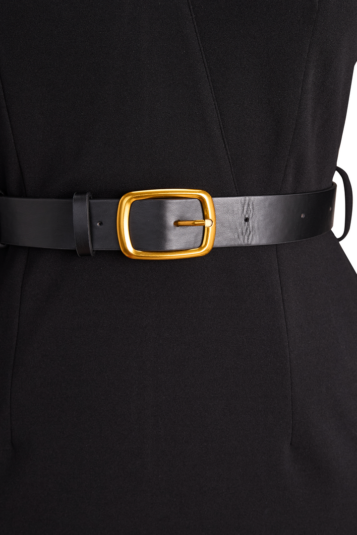 Feminine women's elegant midi sheath dress, belted, with a sophisticated mandarin collar detail.