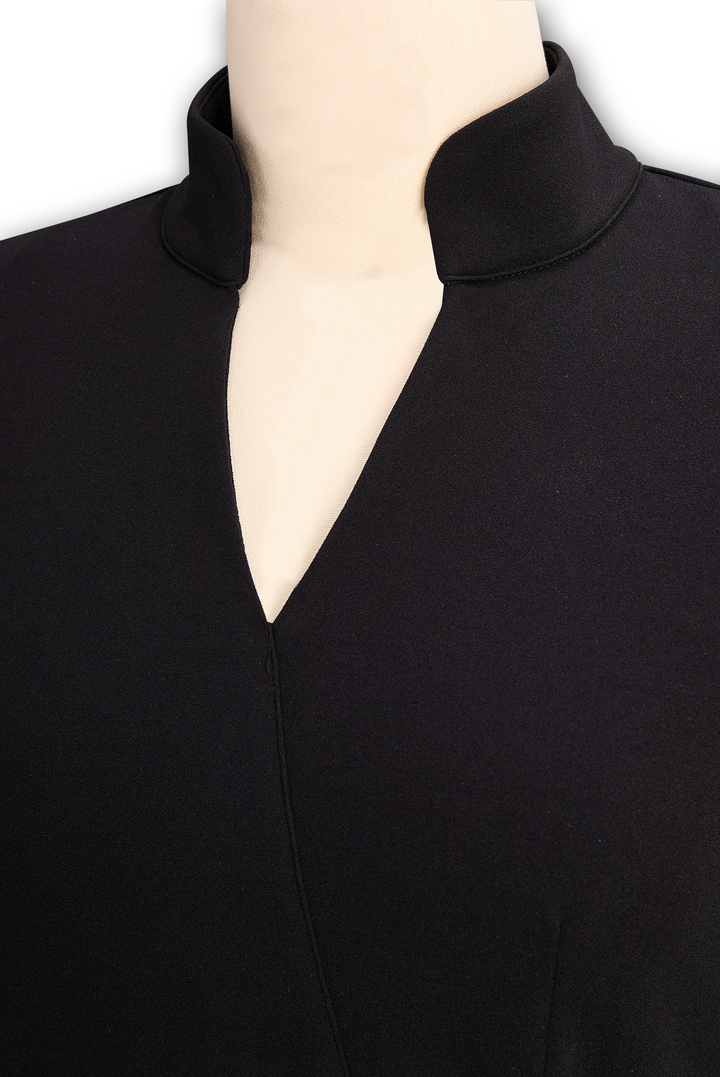 Polished women's midi sheath dress, elegant and flattering, with a mandarin collar and belted waist.
